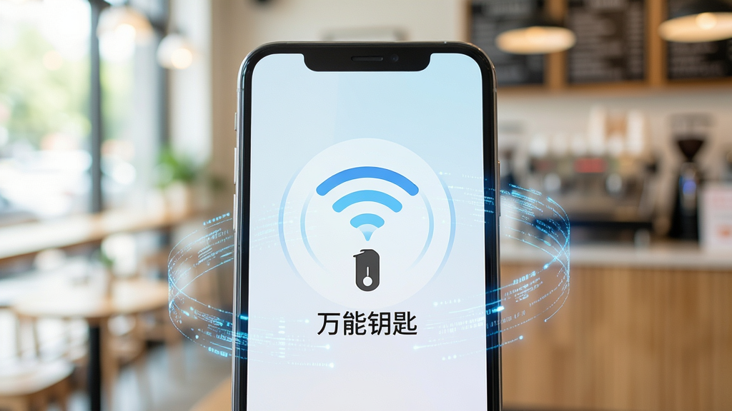 一张展示手机屏幕特写的图片,屏幕显示“万能钥匙”正在连接Wi-Fi的动画效果,周围环绕着蓝色的数据流线条,背景是虚化的咖啡馆环境,风格清新明快,画质清晰,干净无多余元素
