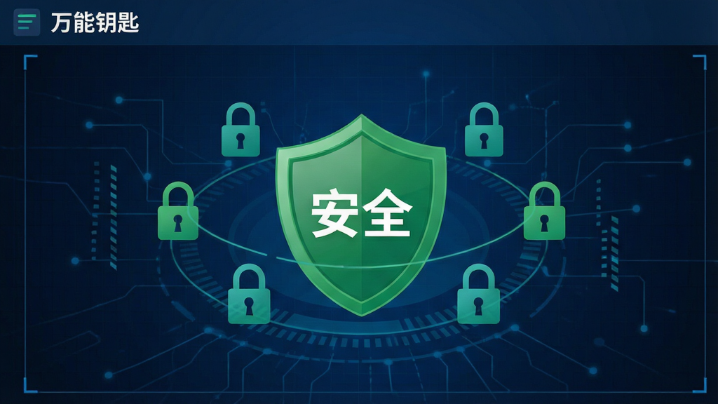 一张展示“万能钥匙”安全检测功能的界面图,屏幕中央有一个绿色的盾牌图标,盾牌上显示着“安全”字样,周围环绕着代表数据加密的锁形符号,背景是深蓝色的科技网格纹理,风格严谨专业,画质清晰,干净无多余元素
