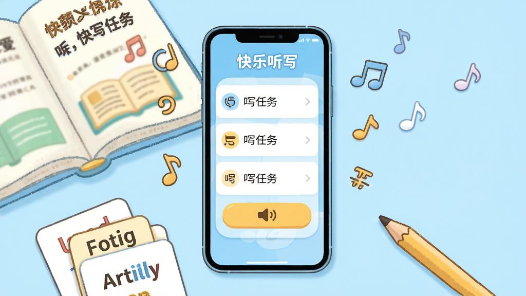 画面主体为一部智能手机,屏幕中央显示“快乐听写”应用主界面,界面包含听写任务列表与发音按钮;布局采用居中构图,手机下方散落着语文课本、英语单词卡片和一支铅笔;整体风格为清新卡通教育风,色调以浅蓝与暖黄为主;细节处加入音符与文字符号漂浮元素,突出语音听写功能;画质清晰明亮,画面干净无多余元素。