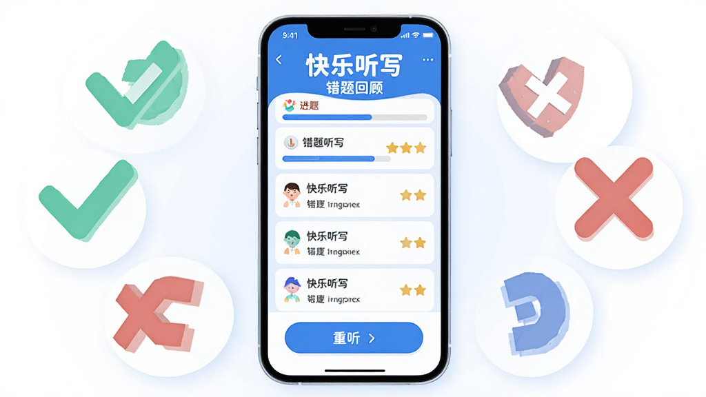 画面主体为“快乐听写”错题回顾界面,手机屏幕显示错题列表与重听按钮;布局为居中展示,手机周围环绕着对勾与叉号图标;风格为扁平化教育科技风,色调以蓝白为主;细节加入进度条与星星评分元素;画质清晰,画面干净无多余元素。