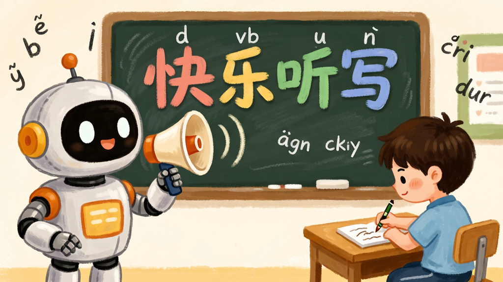 画面主体为一个卡通机器人老师站在黑板前,黑板上有“快乐听写”四个彩色大字;布局为左右结构,左侧机器人手持喇叭发出声波,右侧是端坐书桌前的学生认真书写;风格为温馨手绘插画风,色调柔和明亮;细节加入拼音字母与英文单词漂浮在空气中;画质细腻干净,无多余杂乱元素。
