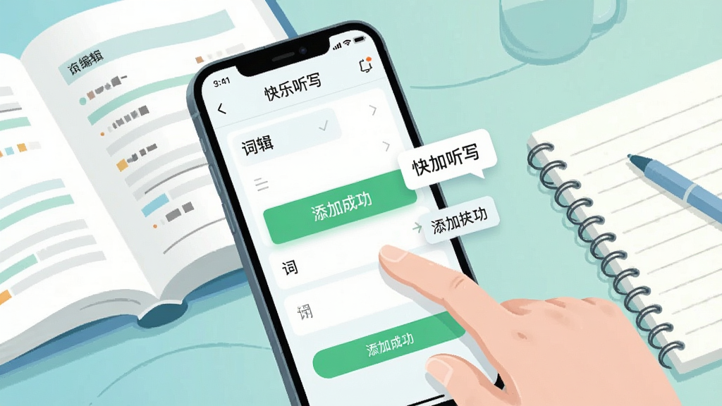 画面主体为一只手正在手机屏幕上添加词语到“快乐听写”的自定义词库中,屏幕显示词库编辑界面;布局采用特写视角,手机旁边放着打开的课本和笔记本;风格为现代简约数码插画风,色调清爽;细节处显示“添加成功”提示与词语标签浮动效果;画质高清,画面干净整洁。