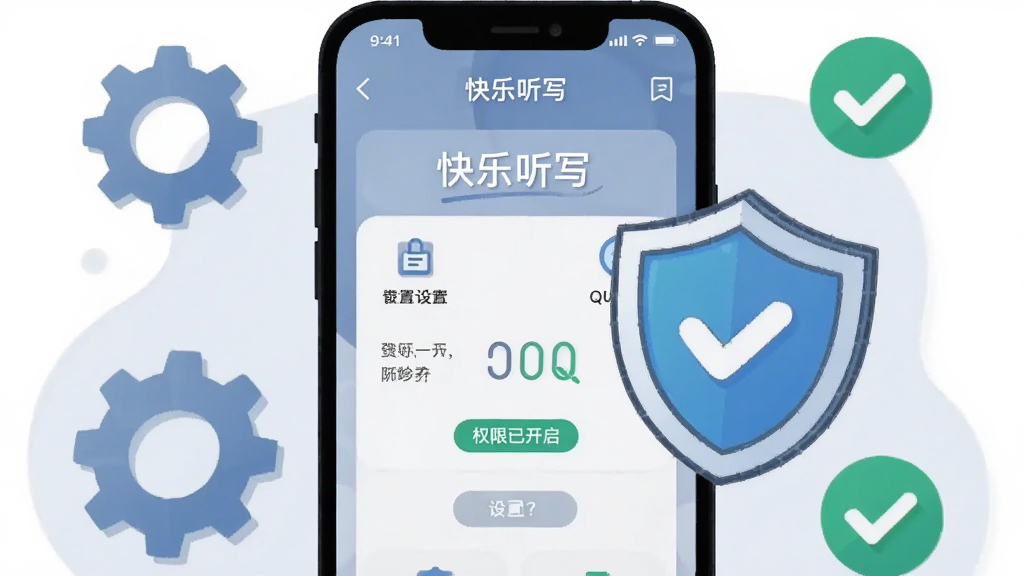 画面主体为一部手机屏幕显示“快乐听写”设置界面,旁边有一个卡通盾牌图标表示安全防护;布局为手机居中,周围环绕齿轮与对勾图标;风格为扁平化科技插画风,色调以蓝灰为主;细节加入“权限已开启”文字标签;画质清晰,画面干净无多余元素。