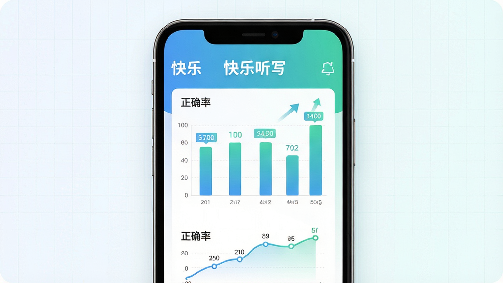 画面主体为“快乐听写”学习数据统计页面,手机屏幕显示柱状图与正确率曲线;布局为手机居中,背景有淡淡的网格线;风格为现代数据可视化风格,色调以蓝绿渐变为主;细节加入数字标签与趋势箭头;画质清晰锐利,画面干净无杂乱元素。