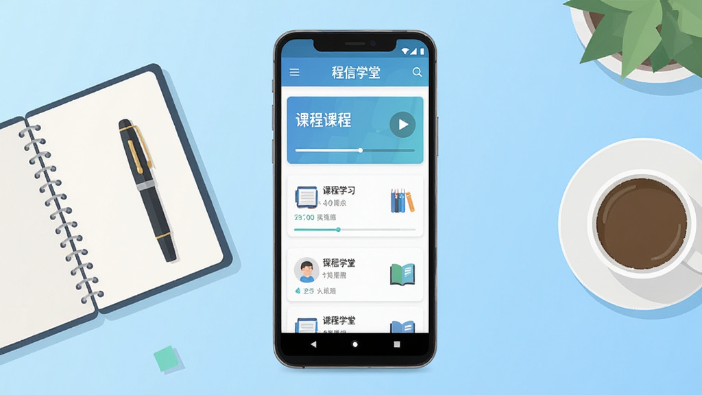 一部安卓手机正面竖屏展示在线学习应用界面,画面中央是课程列表与题库入口,背景为浅蓝色渐变书桌场景,桌上放置笔记本、钢笔与一杯咖啡,构图采用居中对称布局,风格为清爽扁平化插画,细节包含进度条、播放按钮、书本图标,画面中文字标注