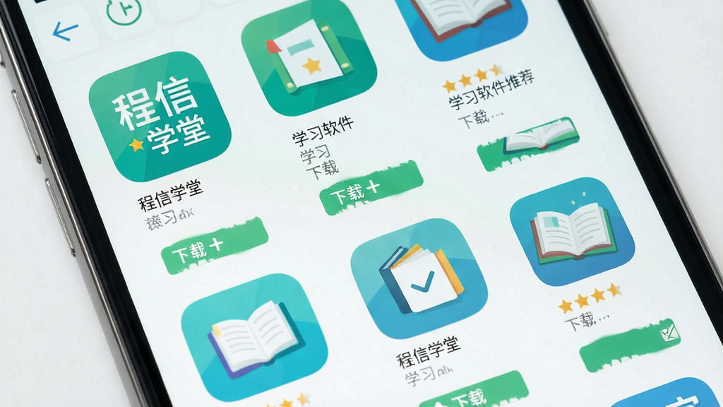 一张手机应用商店学习类软件推荐页面展示图,画面为竖屏手机屏幕,显示多款学习应用图标排列在浅色背景上,布局采用网格排列,风格为清新扁平化设计,细节包含软件图标、星级评分、下载按钮,画面中文字标注