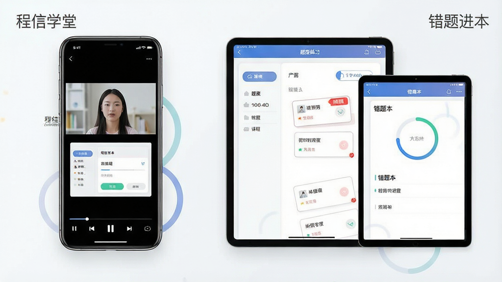一张在线学习应用的多功能界面展示图,画面左侧为竖屏手机展示视频课程播放页,右侧为平板展示题库练习页与错题本页面,布局采用左右对比排版,风格为现代简约科技风,细节包含播放控制条、答题卡、红色错题标记、学习进度环,画面中文字标注