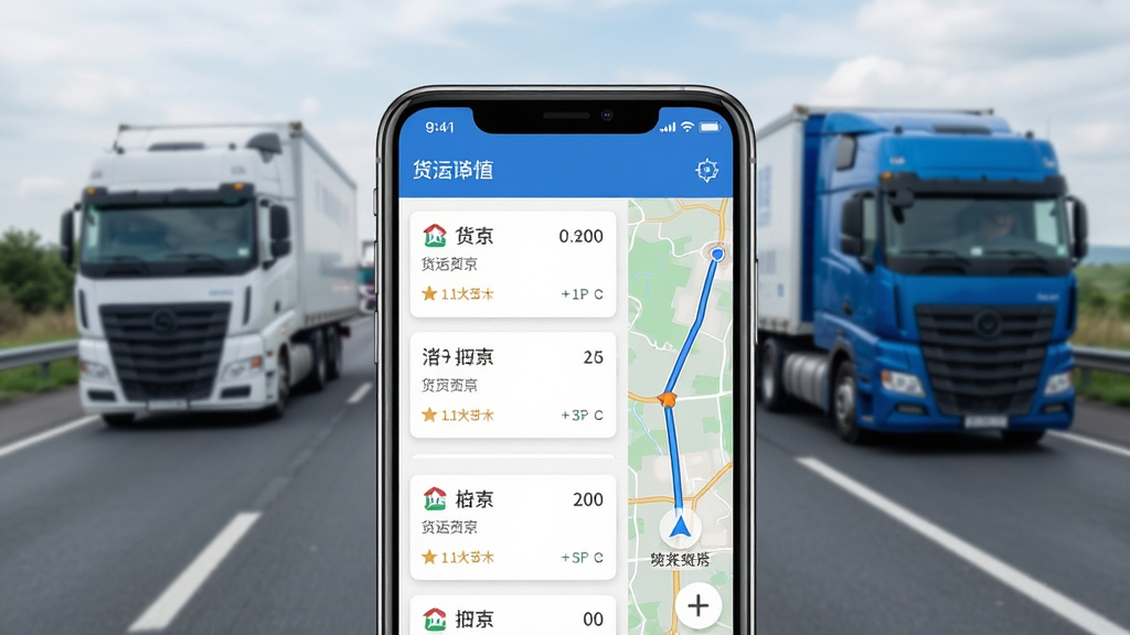 运满货司机软件主界面展示,画面中央是一部智能手机,屏幕上显示货运订单列表和地图导航界面,背景是高速公路和货车,整体布局为居中构图,排版简洁清晰,风格为写实科技风,细节包括手机边框、订单卡片、地图路线、货车轮廓,画质高清,干净,无多余元素