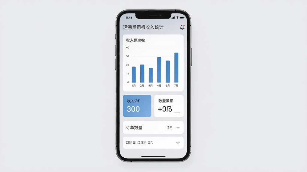 运满货司机收入统计页面,画面中央是一部手机,屏幕上显示收入图表和订单数量统计,背景为浅灰色,布局为居中排版,风格为简约商务,细节包括柱状图、数字卡片、日期筛选,画质清晰,干净,无多余元素
