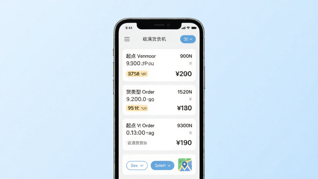 运满货司机货源列表页面展示,画面中央是一部手机,屏幕上显示多条货运订单信息,包括起点终点、货物类型、运费价格,背景为淡蓝色渐变,布局为居中排版,风格为清新简约,细节包括订单卡片、筛选按钮、地图小图标,画质清晰,干净,无多余元素