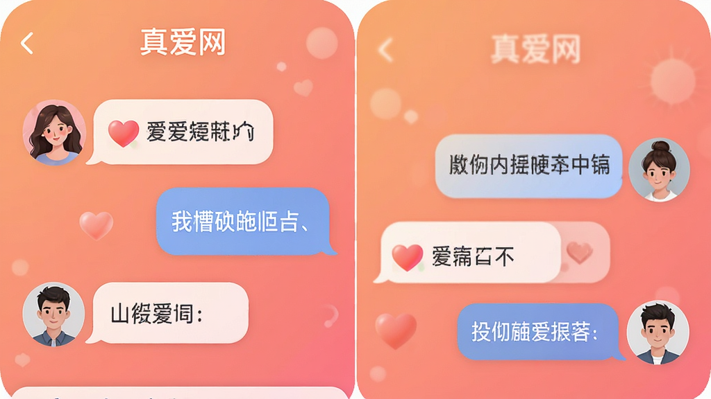画面展示“真爱网”应用聊天界面,左右两侧分别为男女用户头像与对话气泡,气泡中包含爱心和问候文字,背景为温暖的橙粉色渐变,风格柔和圆角,细节丰富,画质干净,无多余元素