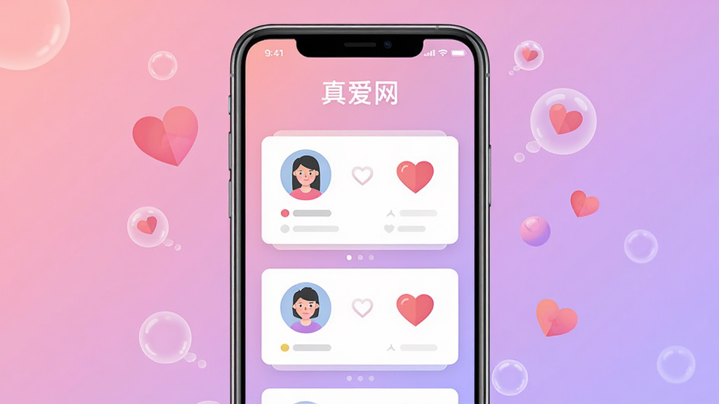 画面中央放置一部智能手机,手机屏幕上显示“真爱网”应用主界面,界面中有用户头像卡片和心形匹配图标,背景为柔和的粉紫色渐变,周围点缀少量爱心和气泡元素,整体采用扁平化UI风格,布局简洁清晰,细节精致,画质干净,无多余元素,适合软件下载站展示图