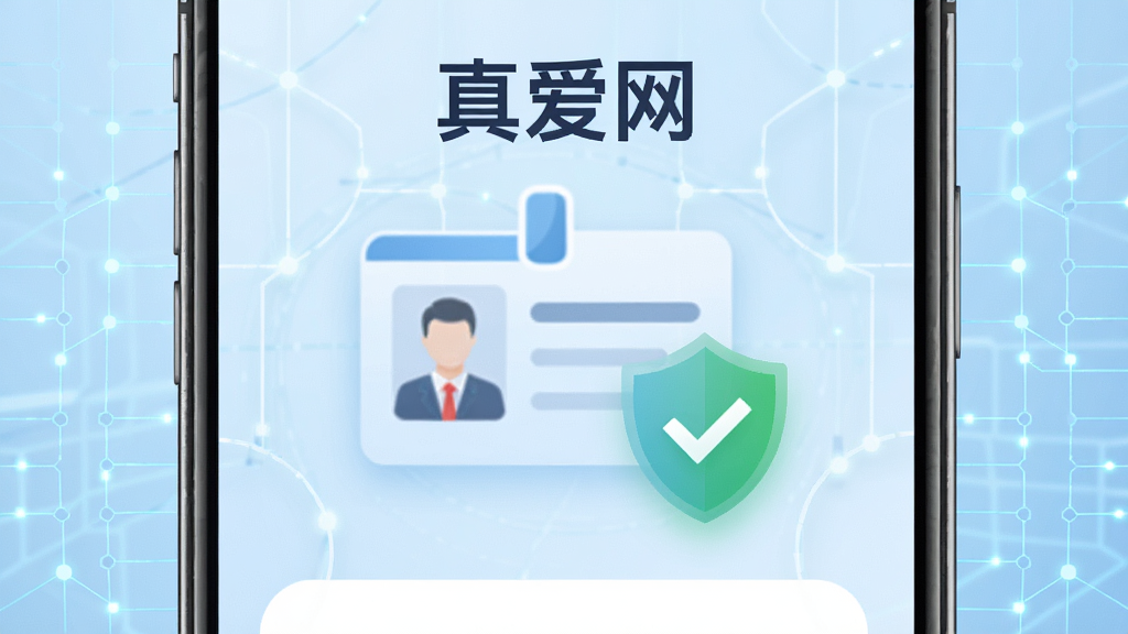 画面主体为“真爱网”应用中的实名认证页面,展示身份证图标、盾牌安全标识与绿色对勾,背景为浅蓝色科技感网格,布局居中对称,风格简洁商务,细节清晰,画质干净,无多余元素