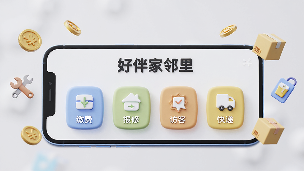 画面为一部手机横屏展示,屏幕中显示“好伴家邻里”的便民服务页面,包含缴费、报修、访客、快递等图标按钮,手机周围漂浮着金币、扳手、包裹等小图标,布局为左右对称,风格为3D渲染,细节包括磨砂质感、柔和光影,画质为高清4K,背景为浅灰色,无多余元素。