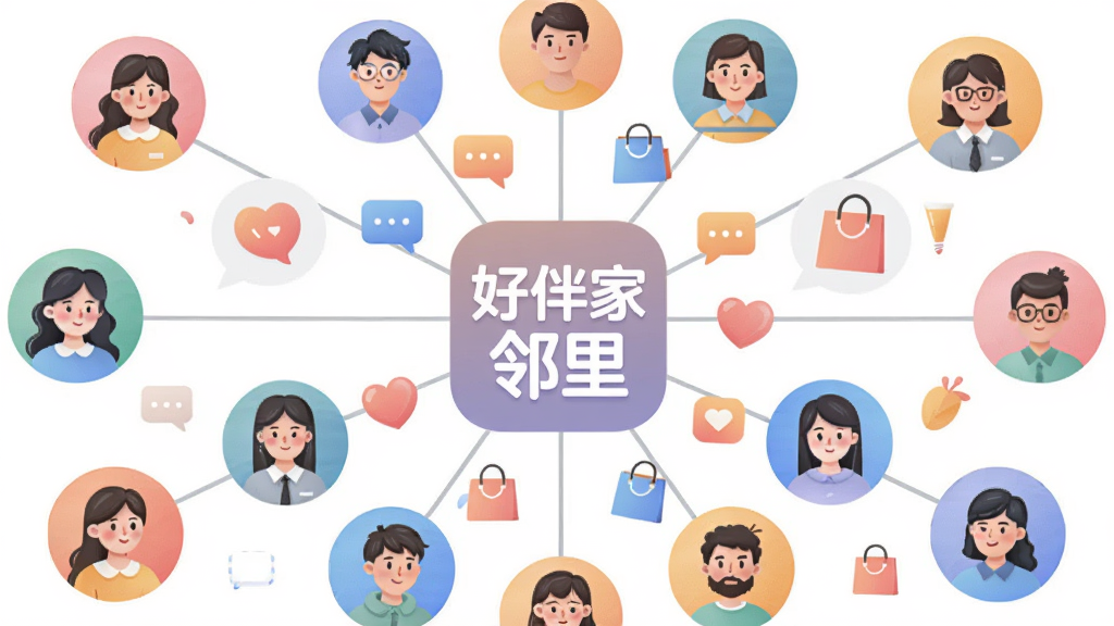 画面为俯视角度,显示一组人物头像通过线条连接成网络状,中心位置放置“好伴家邻里”APP图标,周围环绕对话气泡、爱心、购物袋等小图标,布局为圆形放射状,风格为扁平化矢量插画,细节包括柔和的色彩过渡、简洁的线条,画质为高清2K,背景干净,无多余元素。