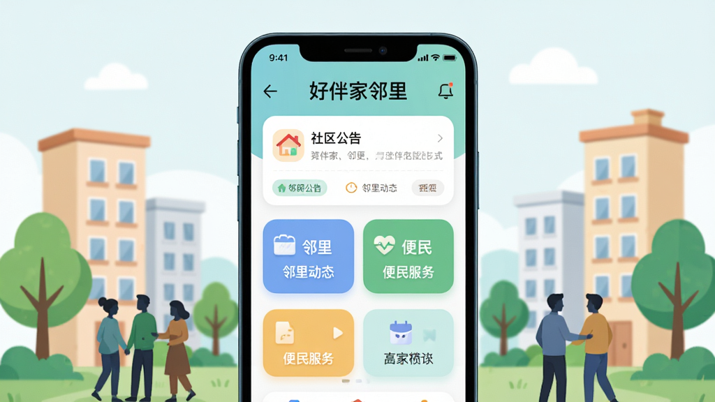画面中央是一部智能手机,屏幕上显示“好伴家邻里”APP的首页界面,界面包含社区公告、邻里动态、便民服务等模块,手机周围环绕着社区楼房、绿树、人物剪影等元素,整体布局采用居中对齐,风格为扁平化插画,细节包括圆角图标、柔和阴影、清新配色,画质为高清2K,画面干净整洁,无多余元素。