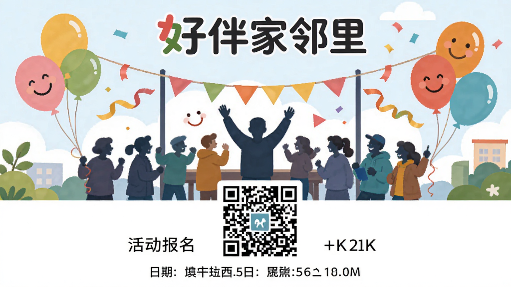 画面为一张社区活动海报风格图,上方显示“好伴家邻里”LOGO,中间为人群参加活动的剪影,下方为活动报名二维码和日期,布局为上下结构,风格为扁平化插画,细节包括彩色气球、彩带、笑脸,画质为高清2K,画面干净,无多余元素。