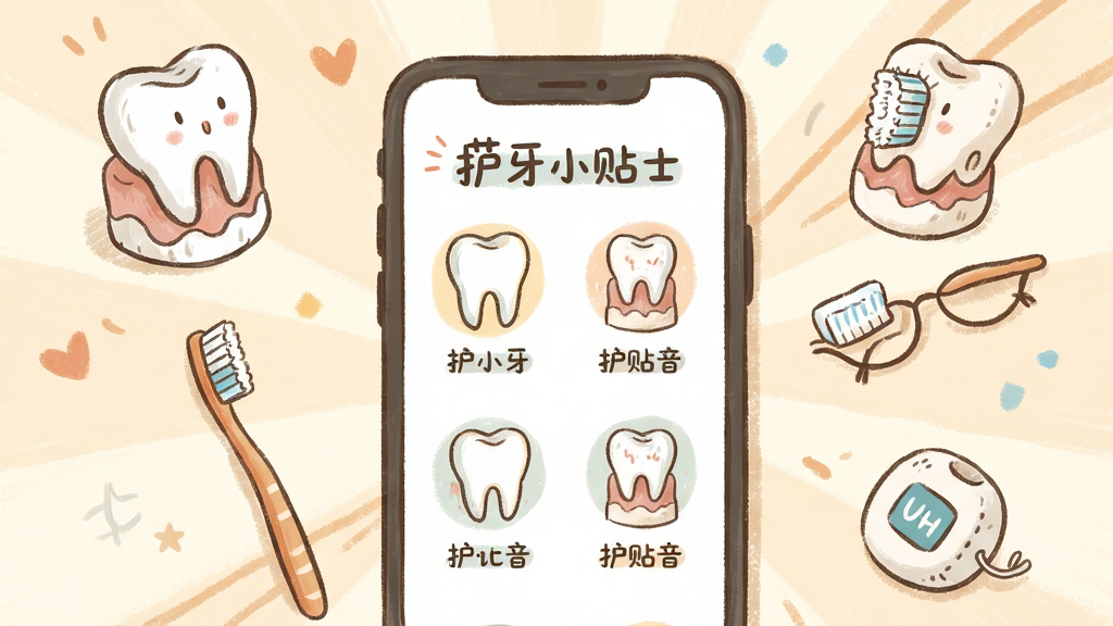 一张展示萌牙科普知识页面的示意图,画面中央是手机屏幕显示图文并茂的护牙小贴士,周围散落着牙齿模型、牙刷、牙线等手绘元素,布局采用中心辐射式,风格温馨手绘风,色彩柔和,细节丰富但画面干净,无多余元素