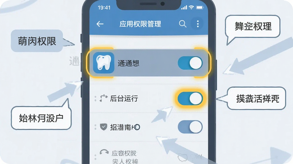 一张展示手机权限设置界面的示意图,画面中手机屏幕显示应用权限管理列表,萌牙应用图标旁有通知、后台运行等开关按钮被高亮标注,周围有箭头和提示气泡指向关键设置项,布局清晰,风格简洁扁平,色彩以蓝灰为主,细节干净,无多余元素