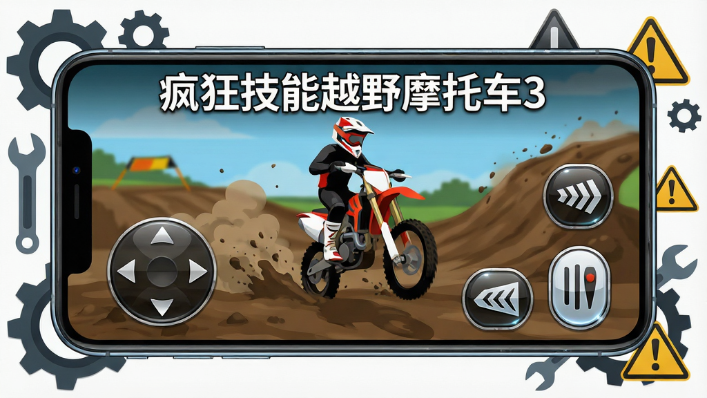 一部智能手机横屏显示越野摩托车游戏画面,屏幕中摩托车正在泥地赛道上行驶,画面左侧有虚拟方向按键,右侧有加速和刹车按钮,手机周围环绕着齿轮、扳手、警告图标等元素,画面顶部以白色字体标注