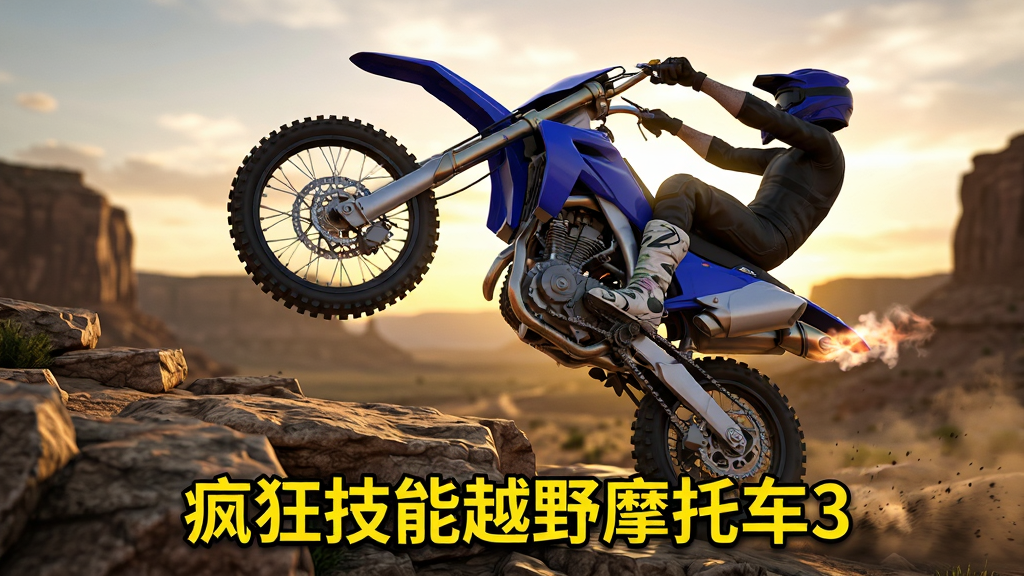 一辆蓝色越野摩托车在崎岖岩石赛道上行驶,前轮高高抬起,骑手身体后仰保持平衡,背景为黄昏时分的荒漠峡谷,画面中央下方用黄色字体标注