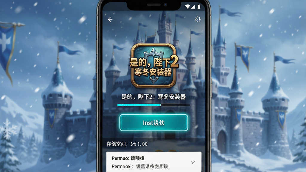 一部安卓手机屏幕显示游戏安装界面,画面中央是“是的,陛下2:寒冬安装器”的图标和安装按钮,背景是冬日城堡的壁纸,手机周围有雪花飘落,布局上手机居中,安装按钮高亮,风格为科技与中世纪结合的UI展示,细节包括进度条、存储空间提示、权限请求弹窗,画质清晰,干净无多余元素