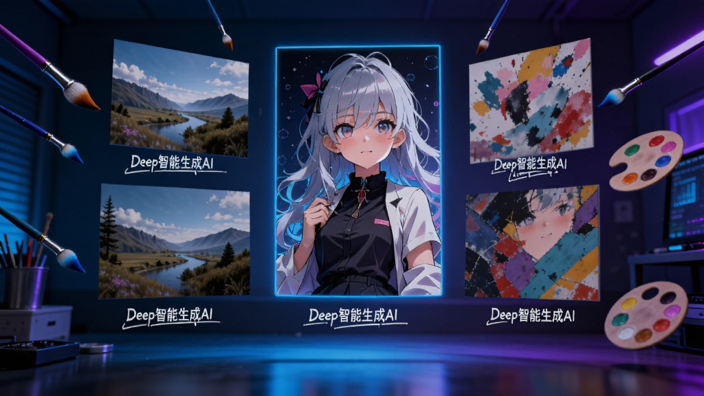 一个充满未来感的数字艺术工作室场景,画面中央漂浮着多幅由“Deep智能生成AI”生成的风格各异的图像作品,包括写实风景、动漫人物和抽象艺术,每幅画作下方有对应的文字描述标签,整体色调为霓虹蓝与紫色交织,风格为赛博朋克数字艺术,细节包括悬浮的画笔工具和调色盘,画质高清,干净,无多余元素