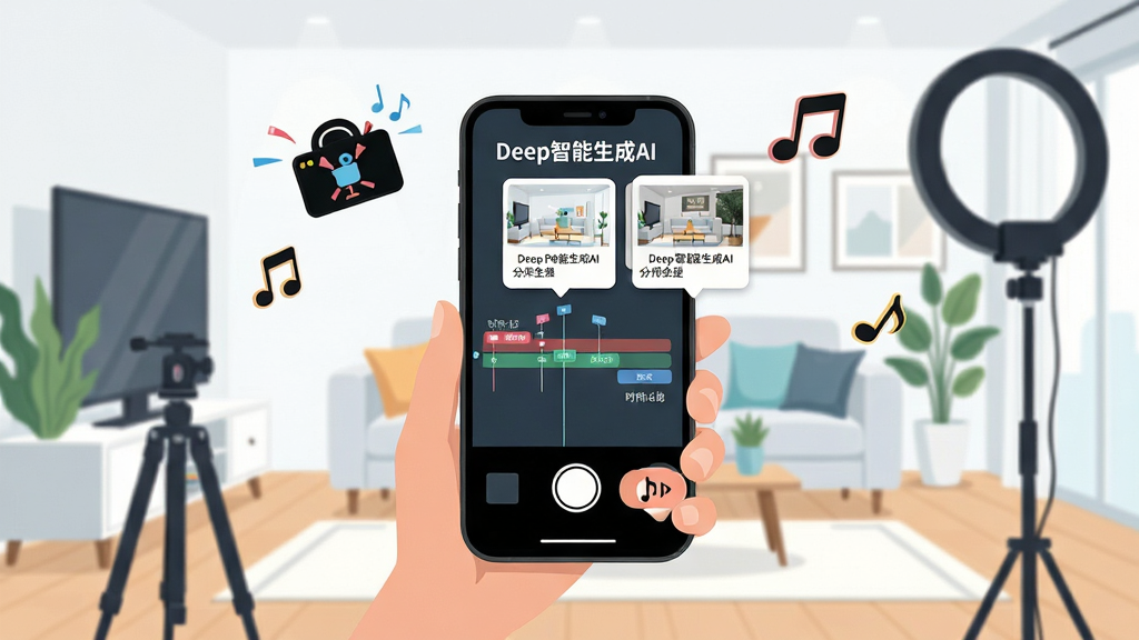 一个视频创作者手持手机拍摄短视频,手机屏幕上方浮现出“Deep智能生成AI”生成的脚本时间轴和分镜提示卡片,画面中还有动态的摄像机图标和音乐符号围绕,背景为明亮的现代客厅,风格为清新扁平插画,细节包括三脚架和补光灯,画质清晰,干净,无多余元素