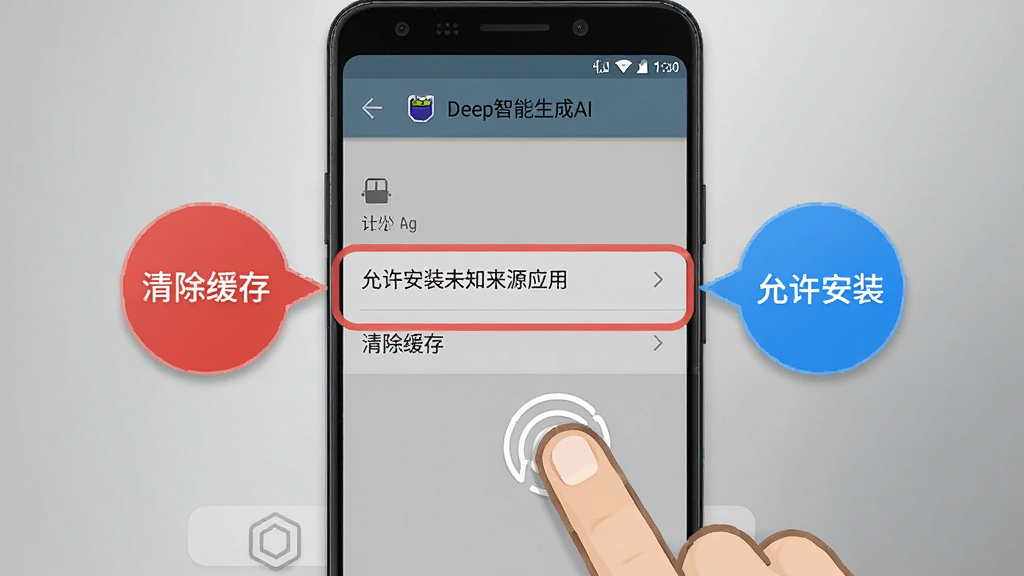 一部安卓手机屏幕显示“Deep智能生成AI”的设置页面,页面中高亮标注了“允许安装未知来源应用”和“清除缓存”两个选项,旁边有红色和蓝色的提示气泡,背景为简洁的灰色渐变,风格为手机UI示意图,细节包括手指点击屏幕的图标,画质清晰,干净,无多余元素