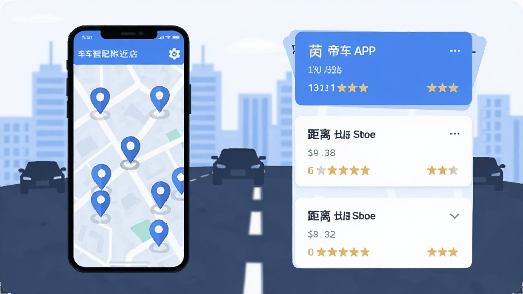 һ�����һ����APP����ƥ�丽���ŵ깦�ܵĳ���ͼ������������ֻ���Ļ��ʾ��ͼ�϶���ŵ��ǵ㣬�Ҳ����ŵ��б���Ƭ����Ƭ�ϱ�ע��������֣�����Ϊ���е�·��������Ӱ�����Ϊ��ƽ�廭�磬ɫ��������Ϊ����ϸ�����������ʸɾ����޶���Ԫ��