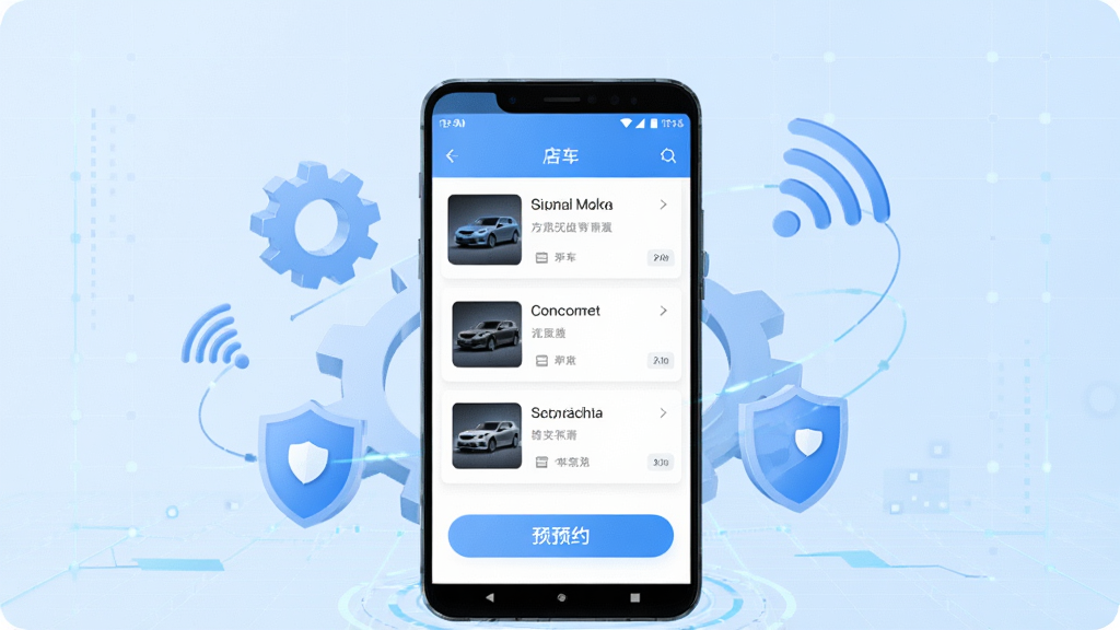 һ��չʾһ����APP�ڰ�׿�ֻ����������еĳ���ͼ�������������ֻ���Ļ��ʾ�ŵ��б���ԤԼ��ť���ֻ���Χ���Ƴ��֡����ƺ��ź�ͼ�꣬����Ϊ����ɫ�Ƽ������񣬷�������죬���ʸ��壬�ɾ��޶���Ԫ��