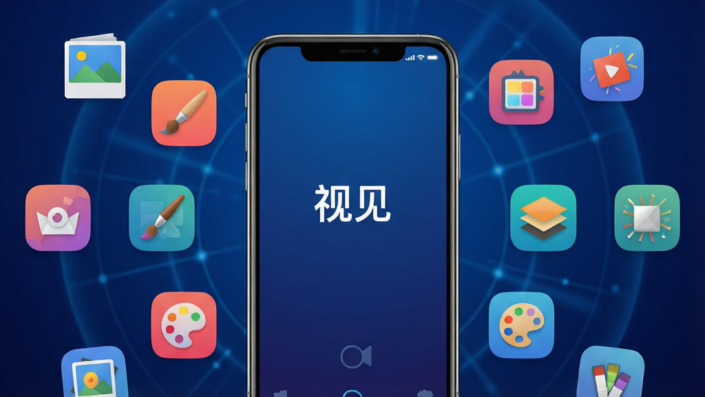 一张展示视见软件核心界面的概念图,画面中央是手机屏幕,屏幕内显示视见APP的启动页,背景为深蓝色渐变,屏幕周围环绕着各种视觉元素图标,如照片、画笔、滤镜、图层、调色板等,整体布局采用中心放射状排版,风格现代科技感,细节上手机边框有细微高光,图标色彩鲜艳,画质清晰干净,无多余元素。