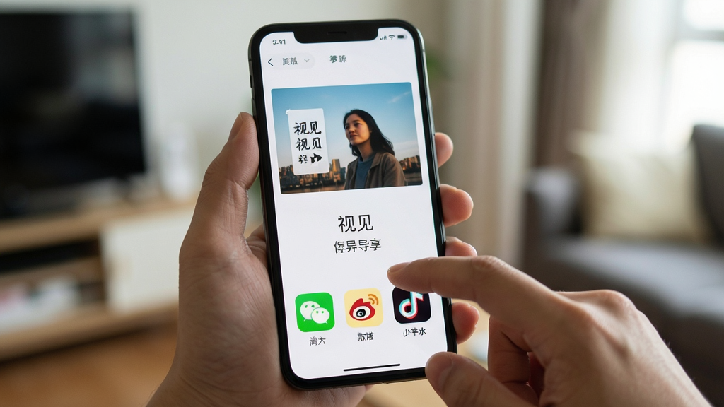 一张展示视见一键分享功能的场景图,画面中一只手拿着手机,手机屏幕显示视见导出界面,界面下方排列着微信、微博、抖音等社交平台图标,上方是作品预览图,布局采用手持视角特写,风格生活化真实,细节上手指轻触屏幕,背景为模糊的室内环境,画质清晰自然,无杂乱元素。