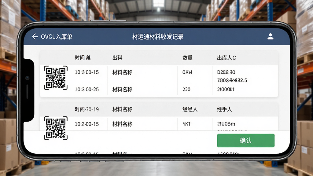 材运通材料收发记录界面展示,画面中手机屏幕显示入库单与出库单列表,包含时间、材料名称、数量与经手人信息,背景为仓库货架场景,布局采用上下分层,风格为写实工业风,细节包含二维码扫描图标与确认按钮,画质高清,画面干净,无多余元素