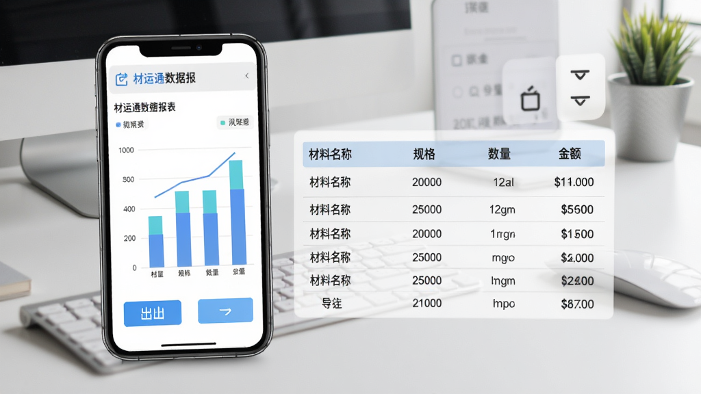 材运通数据报表界面展示,画面中手机屏幕内显示柱状图与表格数据,表格包含材料名称、规格、数量与金额,背景为办公室桌面,布局采用左右分栏,风格为简约数据可视化风,细节包含导出按钮与筛选器图标,画质清晰,画面干净,无多余元素