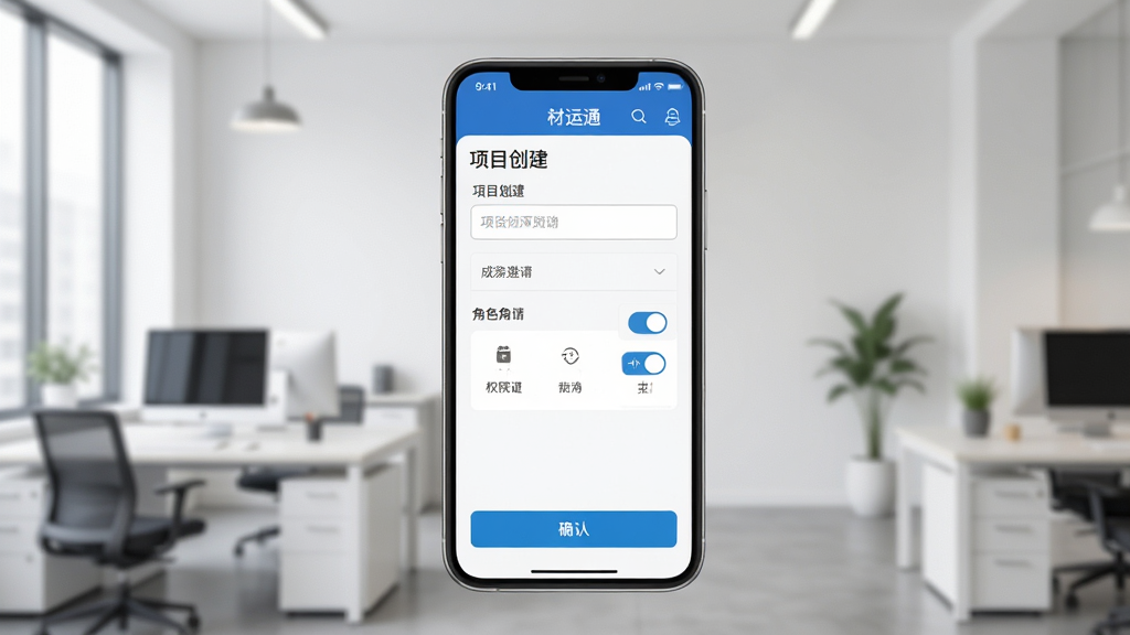 材运通移动端操作界面展示,画面中手机屏幕显示项目创建与成员邀请页面,包含输入框与角色选择按钮,背景为简洁的办公环境,布局采用居中特写,风格为现代移动应用风,细节包含权限开关与确认按钮,画质高清,画面干净,无多余元素