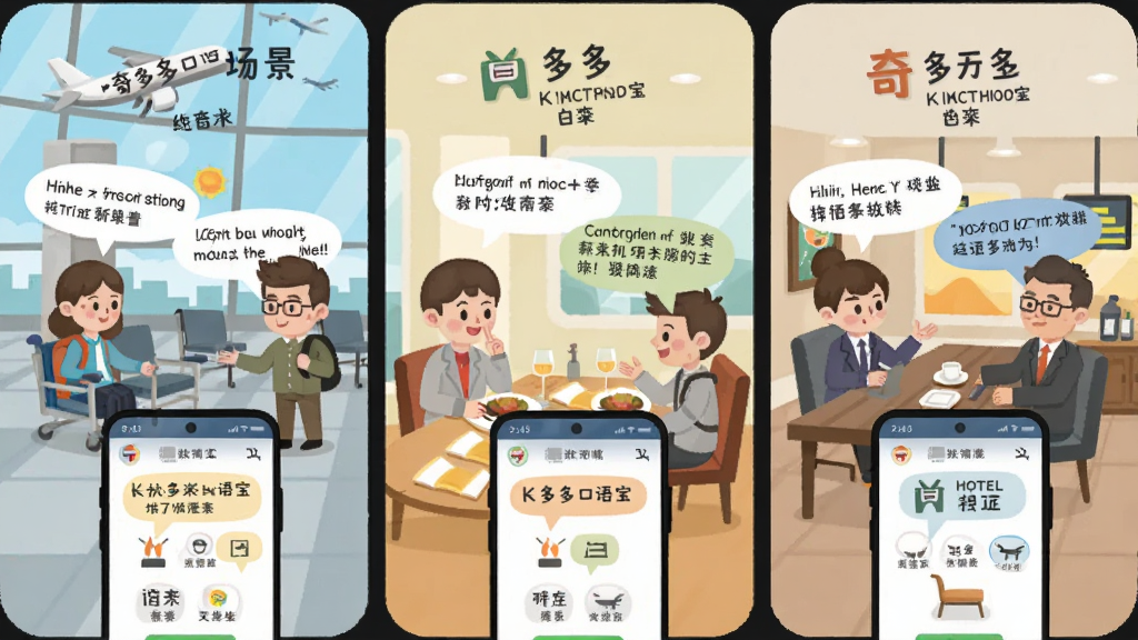 一张信息图风格的插画,展示奇多多口语宝场景对话练习功能,画面分为三个并列面板,分别描绘机场、餐厅和酒店场景,每个面板中有卡通人物对话气泡和手机界面截图,布局横向排列,风格扁平化插画,细节包含英文短句和中文翻译标签,画质清晰干净,无多余元素
