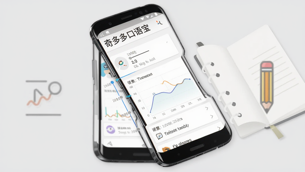 一部安卓手机屏幕显示奇多多口语宝的学习记录页面,页面中有时间轴排列的翻译历史和跟读评分曲线图,手机旁边有笔记本和铅笔图标作为装饰,背景为浅灰色,布局简洁清晰,风格商务简约,细节包含数据图表和列表项,画质干净锐利,无多余元素
