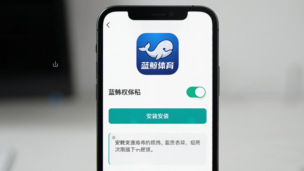 主体为手机屏幕显示蓝鲸体育安装权限设置界面,布局为手机居中,排版上方为软件图标