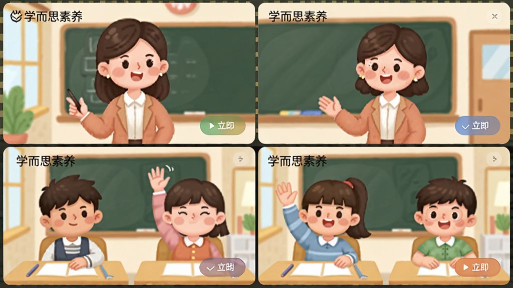 学而思素养小班直播课场景,主体为一位老师和四名学生在线上教室互动,布局为分屏网格,排版清晰,风格为温馨卡通教育风,细节包括老师微笑讲解、学生举手发言、屏幕上有“学而思素养”Logo与互动按钮,画质高清,干净,无多余元素