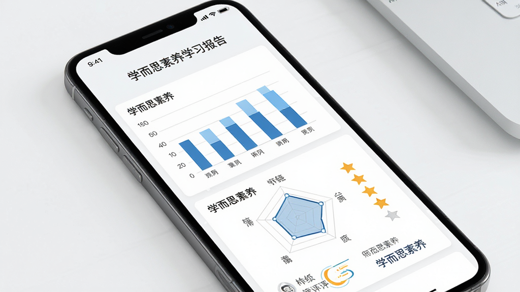 学而思素养学习报告页面,主体为手机屏幕展示数据图表与老师评语,布局为上下滚动式,排版清晰,风格为简约商务风,细节包括柱状图、雷达图、星级评分与“学而思素养”文字,画质高清,干净,无多余元素