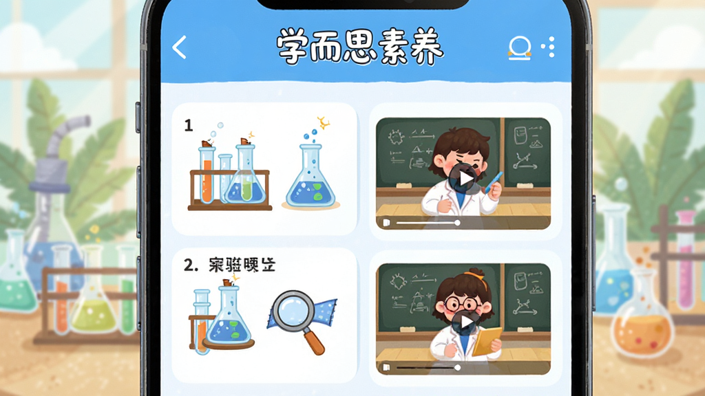 学而思素养科学实验课界面,主体为手机屏幕显示实验步骤与视频演示,布局为上下结构,排版清晰,风格为明亮活泼的插画风,细节包括试管、烧杯、放大镜等实验器材图标,屏幕上方有“学而思素养”文字,画质高清,干净,无多余元素