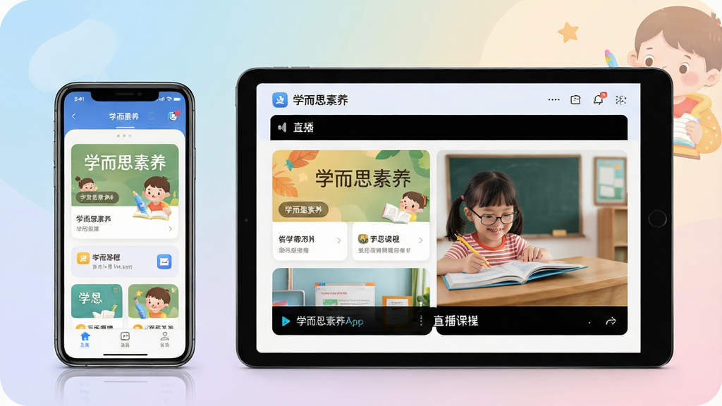 一张展示学而思素养App核心界面的场景图,主体为一部智能手机和一台平板电脑并排摆放,屏幕内显示“学而思素养”课程卡片与直播课堂画面,布局采用居中对称,排版简洁明快,风格为现代科技教育风,细节包括柔和渐变背景、儿童学习插画元素、圆角图标与清晰文字,画质高清,干净,无多余元素