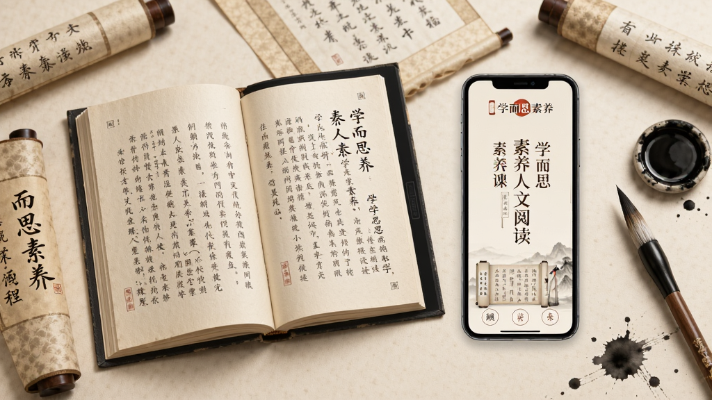 学而思素养人文阅读课程界面,主体为一本打开的电子书与手机并排,布局为左右结构,排版优雅,风格为复古文艺风,细节包括书页上的文字、诗词卷轴、毛笔与墨迹元素,屏幕中有“学而思素养”标识,画质高清,干净,无多余元素