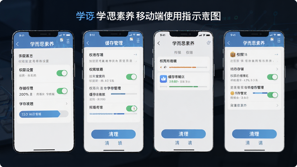 学而思素养移动端使用指南示意图,主体为手机屏幕展示权限设置与缓存管理界面,布局为分步截图排列,排版清晰,风格为扁平化科技风,细节包括权限开关、存储条、清理按钮与“学而思素养”文字,画质高清,干净,无多余元素