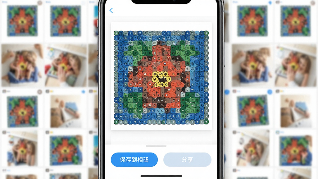 拼豆画软件中展示图纸导出分享界面,屏幕上有一个完成好的拼豆图纸预览,下方有保存到相册和分享按钮,背景是手机相册的缩略图界面,整体风格明亮清晰,画质干净,无多余元素