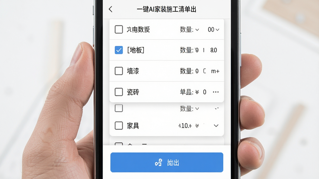 一键AI家装施工清单导出界面,主体为手机屏幕显示一份包含地板、墙漆、瓷砖、家具的清单表格,布局为上下滚动列表,排版清晰,风格为简洁商务,细节包含勾选框、数量单位、导出按钮,画质高清干净无多余元素