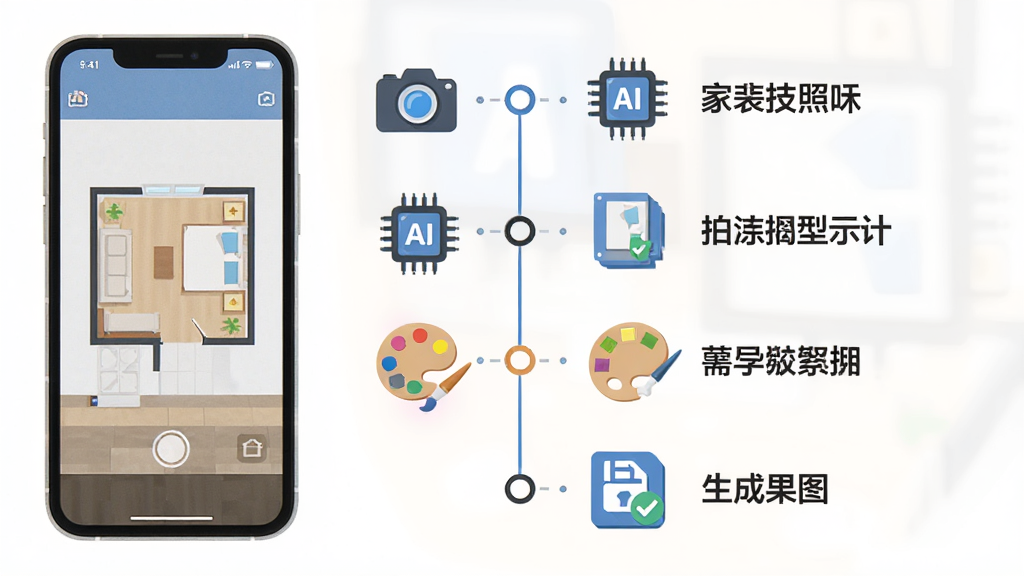 一键AI家装新手操作示意图,主体为手机屏幕显示从拍照户型到生成效果图的四步流程,布局为纵向时间轴排列,排版每步配图标和文字说明,风格为扁平化插画,细节包含相机图标、AI芯片图标、调色板图标、保存图标,画质高清干净无多余元素