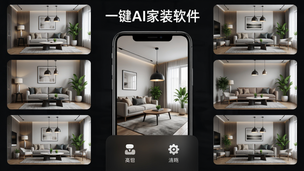 一键AI家装软件主界面展示,主体为一台智能手机屏幕显示装修效果图,布局为居中手机加周围环绕不同风格的室内设计缩略图,排版采用上下结构上方标题下方功能图标,风格为现代科技感UI设计,细节包含沙发、茶几、吊灯、绿植等家居元素,画质高清干净无多余元素