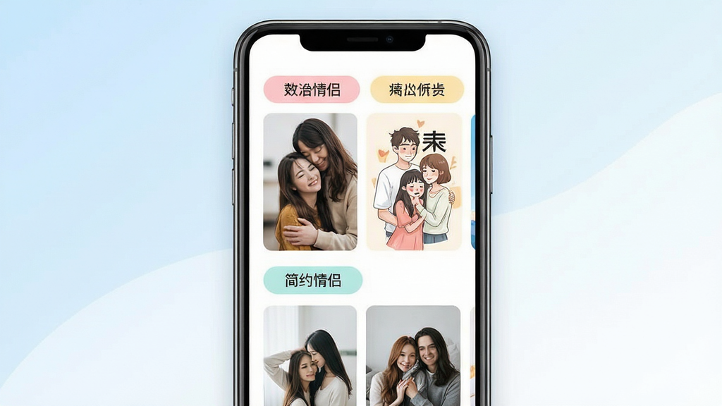 情侣壁纸大全软件内部壁纸分类页面,主体为手机屏幕展示,屏幕上呈现多个壁纸分类板块,包含动漫情侣、真人情侣、插画情侣、简约情侣等标签,每个分类下方配有对应风格的壁纸缩略图;布局为手机正面竖屏展示,背景为浅蓝色与白色渐变,排版整齐,风格清新简约,细节上分类标签色彩柔和,缩略图清晰,画质高清,干净,无多余元素